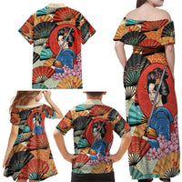 Japanese Geisha Katana Family Matching Off Shoulder Maxi Dress and Hawaiian Shirt Japan Sensu Seigaiha Pattern - undefined