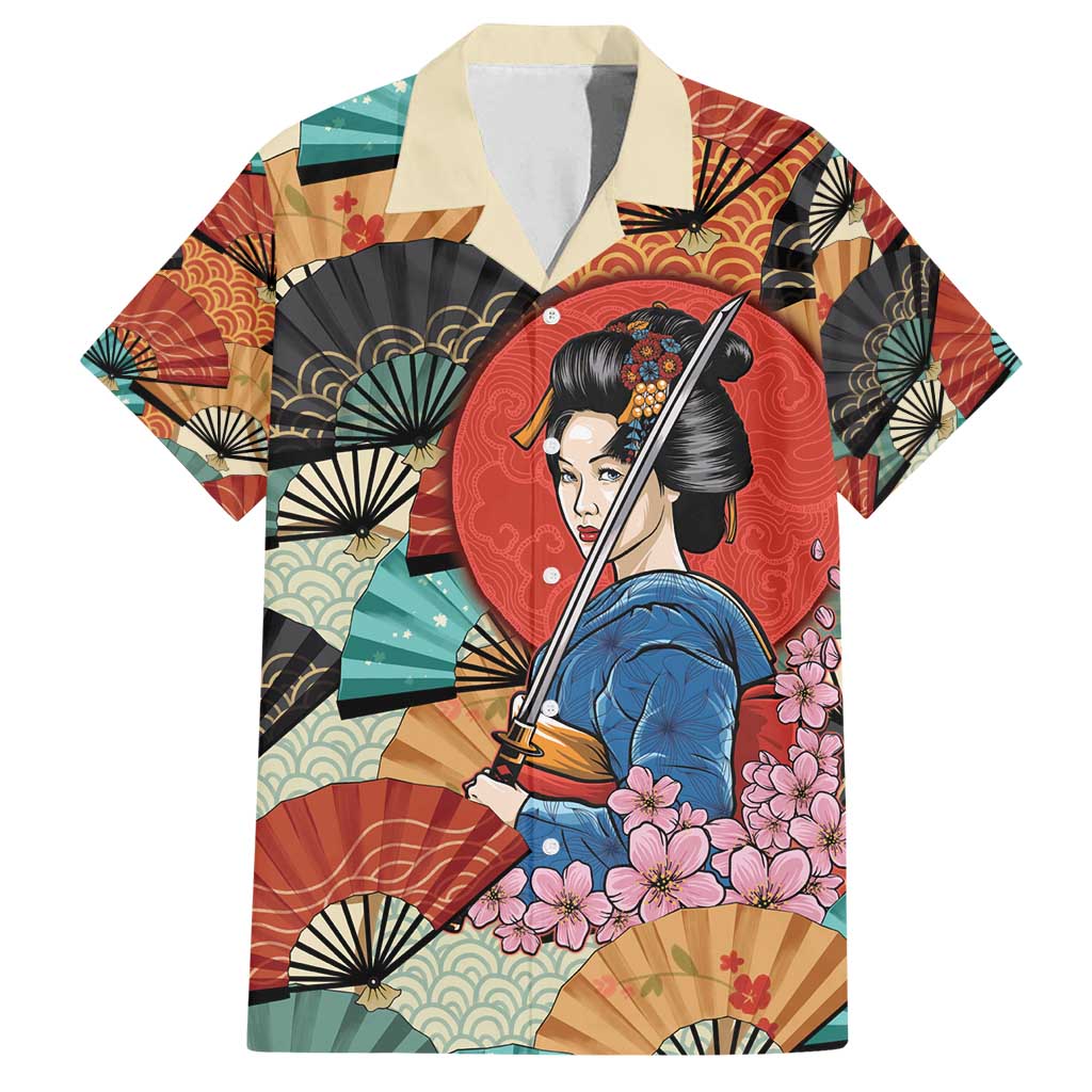 Japanese Geisha Katana Family Matching Off Shoulder Maxi Dress and Hawaiian Shirt Japan Sensu Seigaiha Pattern - undefined