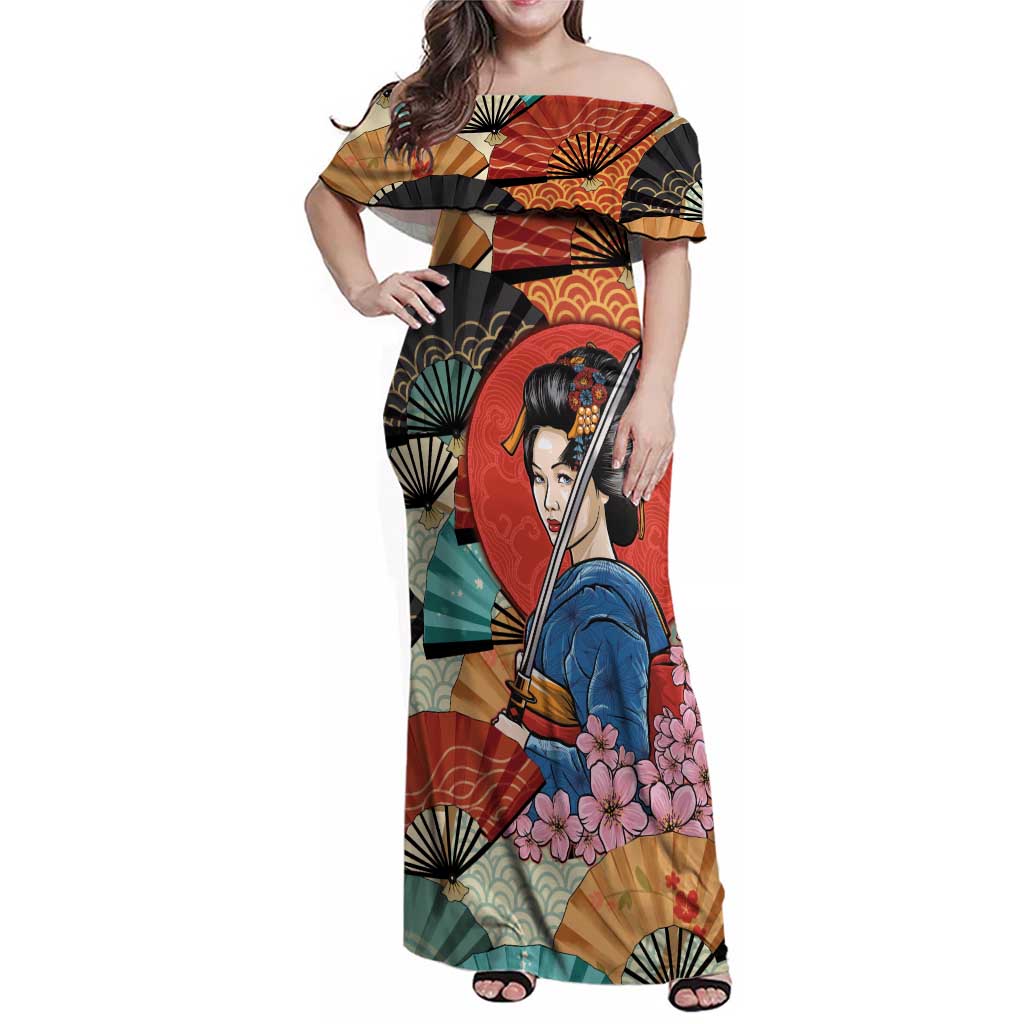 Japanese Geisha Katana Family Matching Off Shoulder Maxi Dress and Hawaiian Shirt Japan Sensu Seigaiha Pattern - undefined
