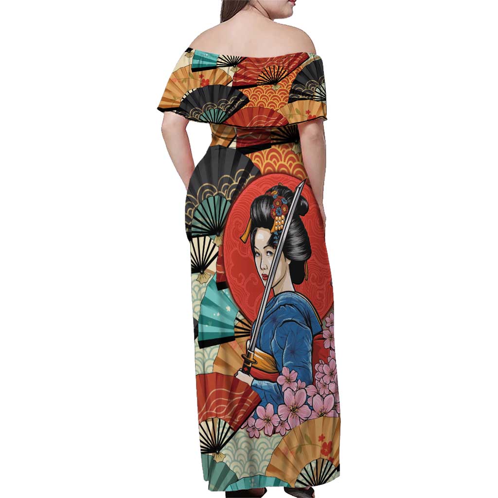 Japanese Geisha Katana Family Matching Off Shoulder Maxi Dress and Hawaiian Shirt Japan Sensu Seigaiha Pattern - undefined
