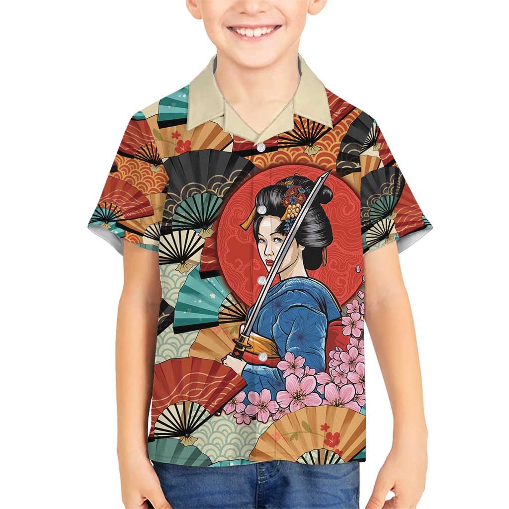 Japanese Geisha Katana Family Matching Off Shoulder Maxi Dress and Hawaiian Shirt Japan Sensu Seigaiha Pattern - undefined