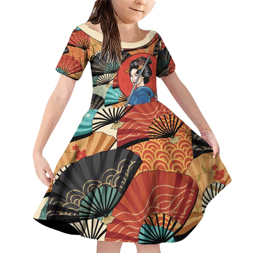 Japanese Geisha Katana Family Matching Off Shoulder Short Dress and Hawaiian Shirt Japan Sensu Seigaiha Pattern - Wonder Print Shop
