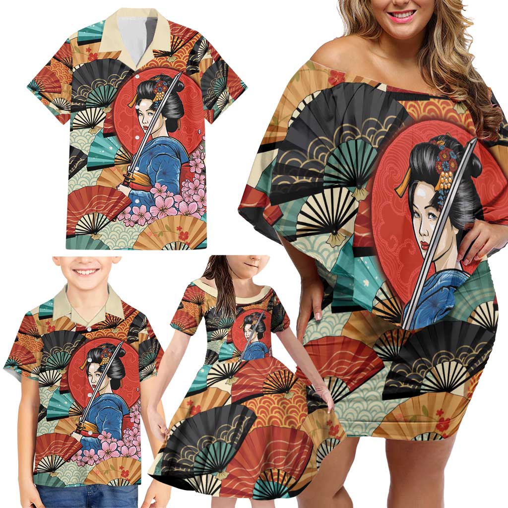 Japanese Geisha Katana Family Matching Off Shoulder Short Dress and Hawaiian Shirt Japan Sensu Seigaiha Pattern - Wonder Print Shop