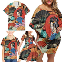 Japanese Geisha Katana Family Matching Off Shoulder Short Dress and Hawaiian Shirt Japan Sensu Seigaiha Pattern - Wonder Print Shop