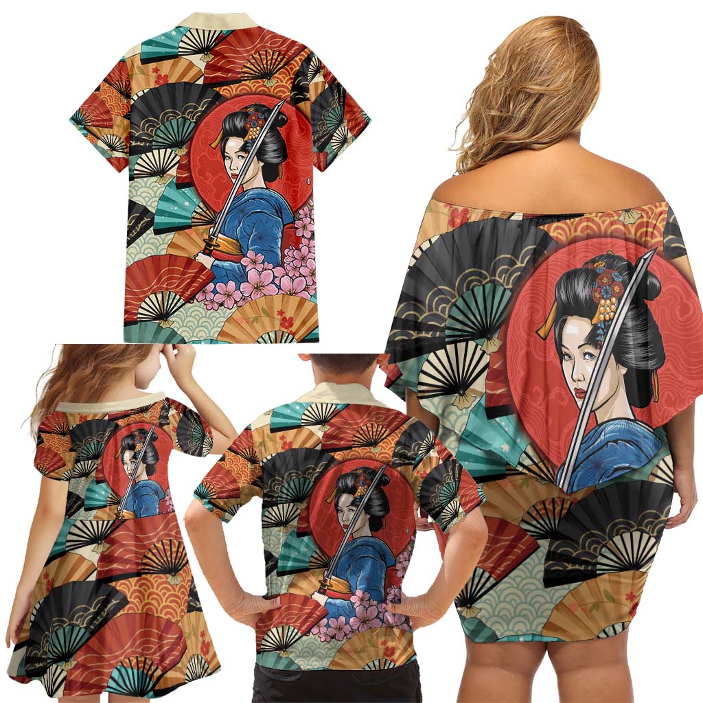 Japanese Geisha Katana Family Matching Off Shoulder Short Dress and Hawaiian Shirt Japan Sensu Seigaiha Pattern - Wonder Print Shop