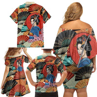 Japanese Geisha Katana Family Matching Off Shoulder Short Dress and Hawaiian Shirt Japan Sensu Seigaiha Pattern - Wonder Print Shop