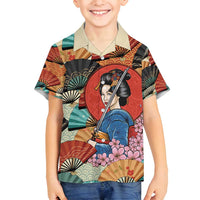 Japanese Geisha Katana Family Matching Off Shoulder Short Dress and Hawaiian Shirt Japan Sensu Seigaiha Pattern - Wonder Print Shop