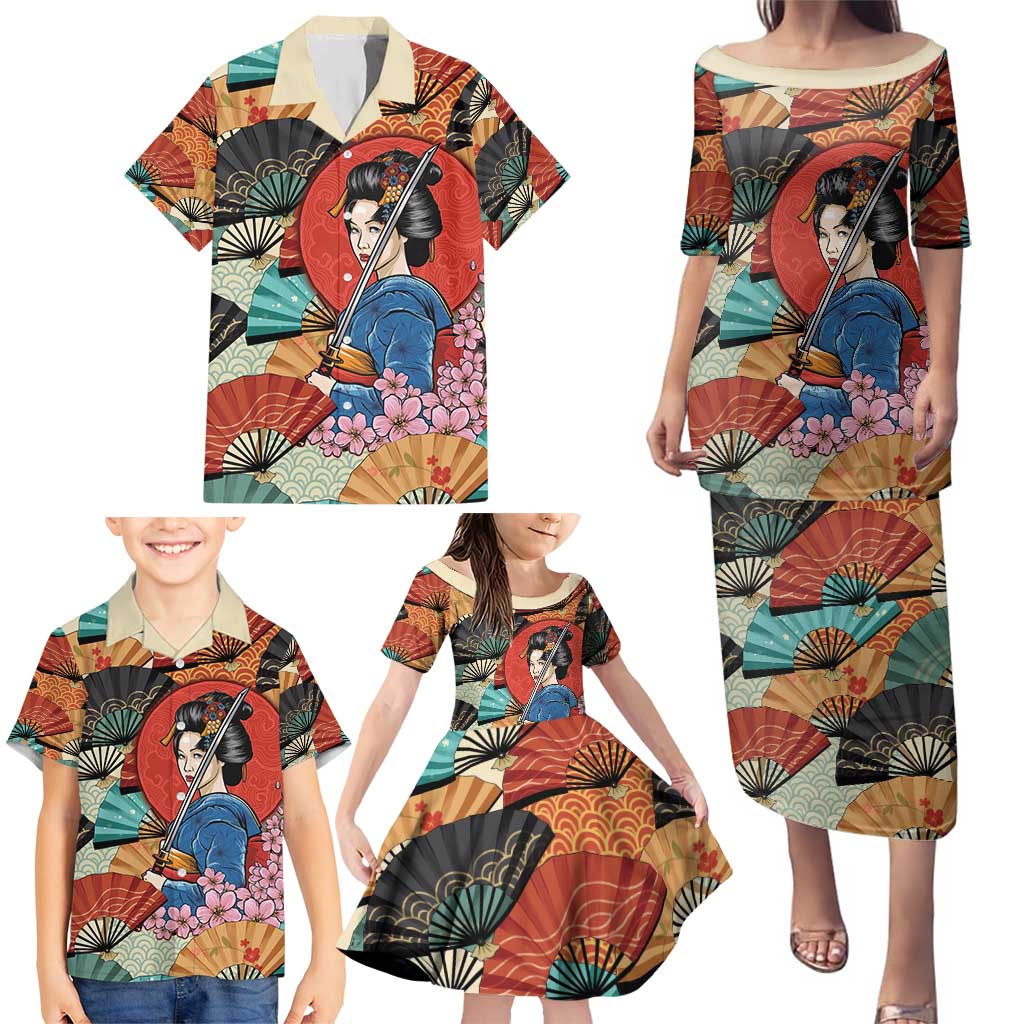 Japanese Geisha Katana Family Matching Puletasi and Hawaiian Shirt Japan Sensu Seigaiha Pattern - Wonder Print Shop