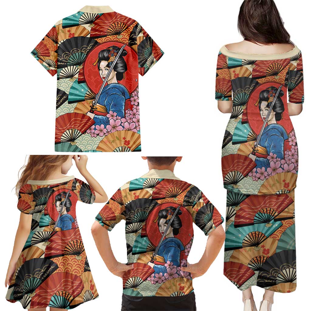 Japanese Geisha Katana Family Matching Puletasi and Hawaiian Shirt Japan Sensu Seigaiha Pattern - Wonder Print Shop