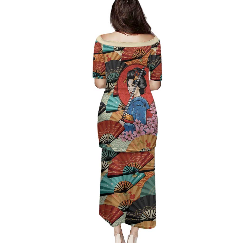 Japanese Geisha Katana Family Matching Puletasi and Hawaiian Shirt Japan Sensu Seigaiha Pattern - Wonder Print Shop