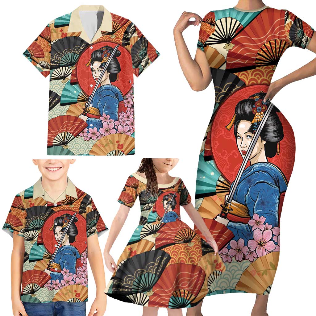 Japanese Geisha Katana Family Matching Short Sleeve Bodycon Dress and Hawaiian Shirt Japan Sensu Seigaiha Pattern - Wonder Print Shop