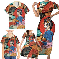 Japanese Geisha Katana Family Matching Short Sleeve Bodycon Dress and Hawaiian Shirt Japan Sensu Seigaiha Pattern - Wonder Print Shop
