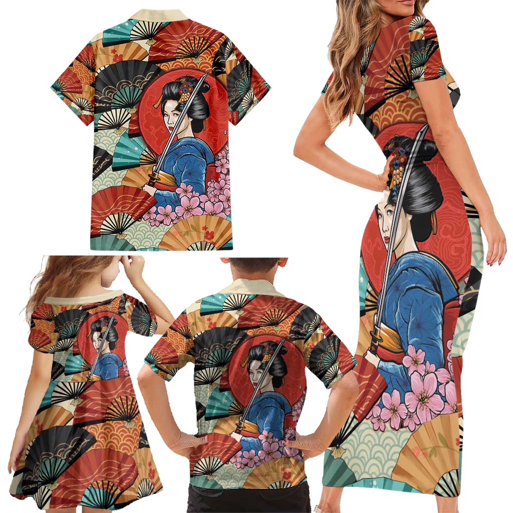 Japanese Geisha Katana Family Matching Short Sleeve Bodycon Dress and Hawaiian Shirt Japan Sensu Seigaiha Pattern - Wonder Print Shop