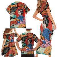 Japanese Geisha Katana Family Matching Short Sleeve Bodycon Dress and Hawaiian Shirt Japan Sensu Seigaiha Pattern - Wonder Print Shop