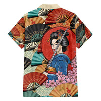 Japanese Geisha Katana Family Matching Short Sleeve Bodycon Dress and Hawaiian Shirt Japan Sensu Seigaiha Pattern - Wonder Print Shop