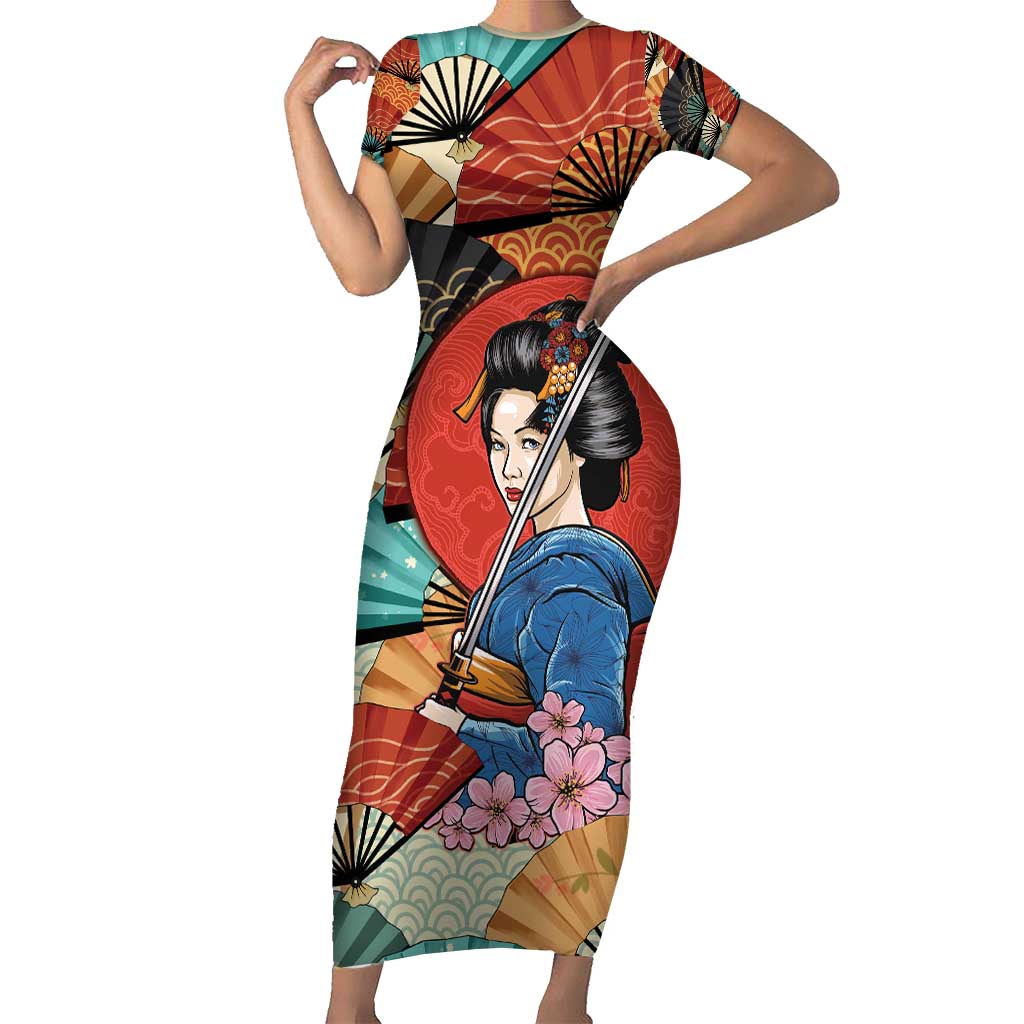 Japanese Geisha Katana Family Matching Short Sleeve Bodycon Dress and Hawaiian Shirt Japan Sensu Seigaiha Pattern - Wonder Print Shop