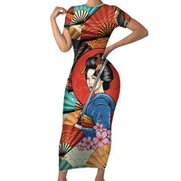 Japanese Geisha Katana Family Matching Short Sleeve Bodycon Dress and Hawaiian Shirt Japan Sensu Seigaiha Pattern - Wonder Print Shop