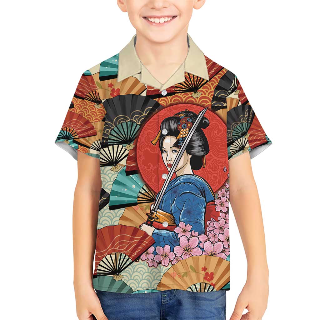 Japanese Geisha Katana Family Matching Short Sleeve Bodycon Dress and Hawaiian Shirt Japan Sensu Seigaiha Pattern - Wonder Print Shop
