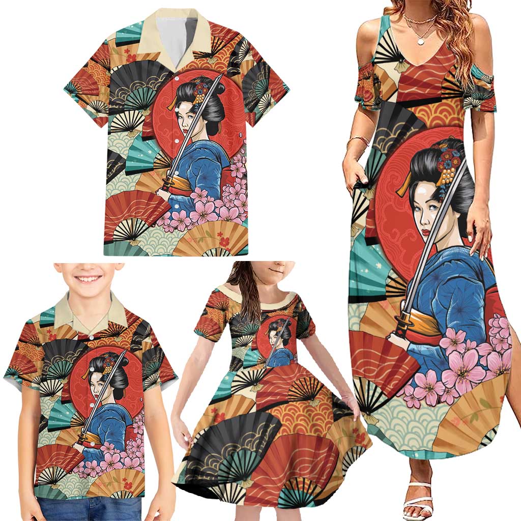 Japanese Geisha Katana Family Matching Summer Maxi Dress and Hawaiian Shirt Japan Sensu Seigaiha Pattern - Wonder Print Shop