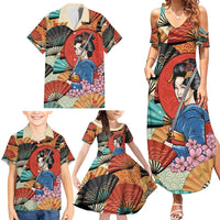Japanese Geisha Katana Family Matching Summer Maxi Dress and Hawaiian Shirt Japan Sensu Seigaiha Pattern - Wonder Print Shop