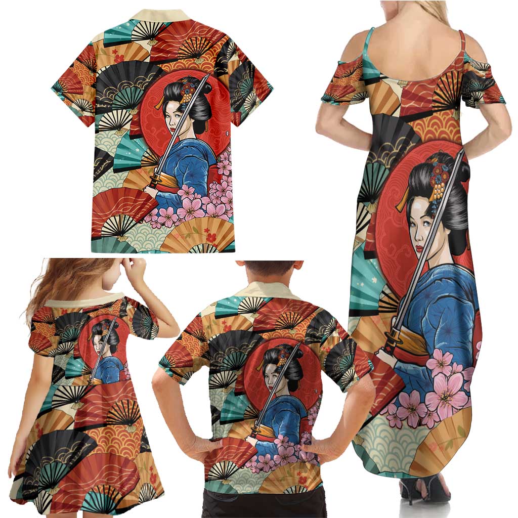 Japanese Geisha Katana Family Matching Summer Maxi Dress and Hawaiian Shirt Japan Sensu Seigaiha Pattern - Wonder Print Shop