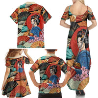 Japanese Geisha Katana Family Matching Summer Maxi Dress and Hawaiian Shirt Japan Sensu Seigaiha Pattern - Wonder Print Shop