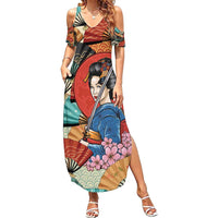 Japanese Geisha Katana Family Matching Summer Maxi Dress and Hawaiian Shirt Japan Sensu Seigaiha Pattern - Wonder Print Shop