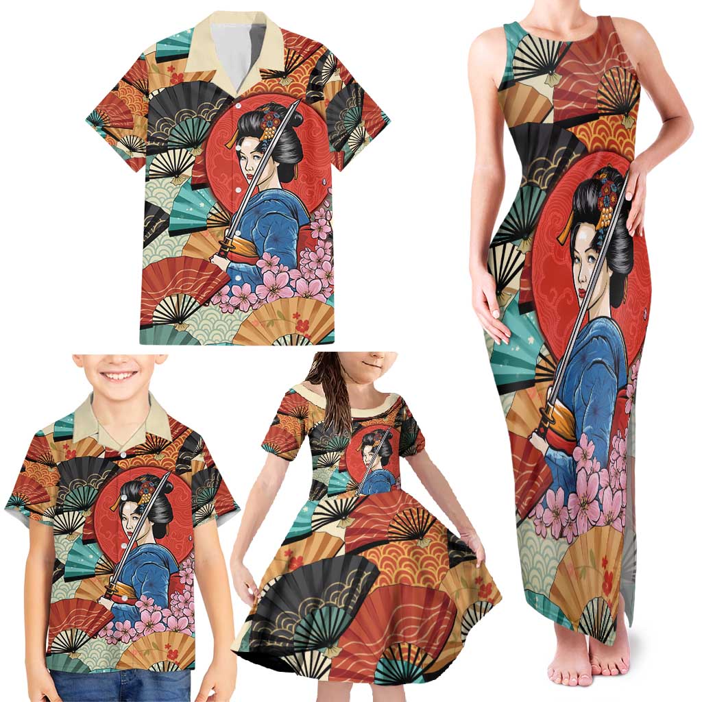 Japanese Geisha Katana Family Matching Tank Maxi Dress and Hawaiian Shirt Japan Sensu Seigaiha Pattern - Wonder Print Shop