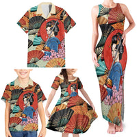 Japanese Geisha Katana Family Matching Tank Maxi Dress and Hawaiian Shirt Japan Sensu Seigaiha Pattern - Wonder Print Shop