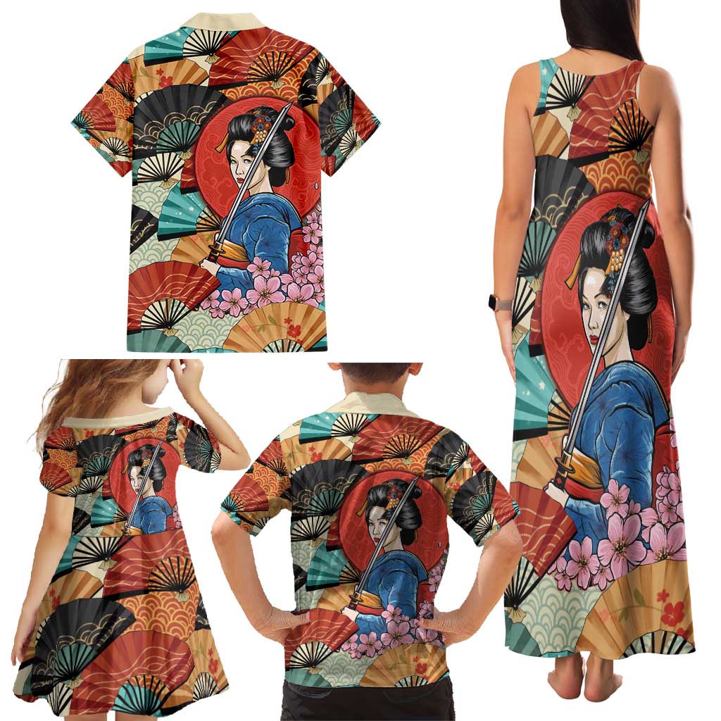 Japanese Geisha Katana Family Matching Tank Maxi Dress and Hawaiian Shirt Japan Sensu Seigaiha Pattern - Wonder Print Shop