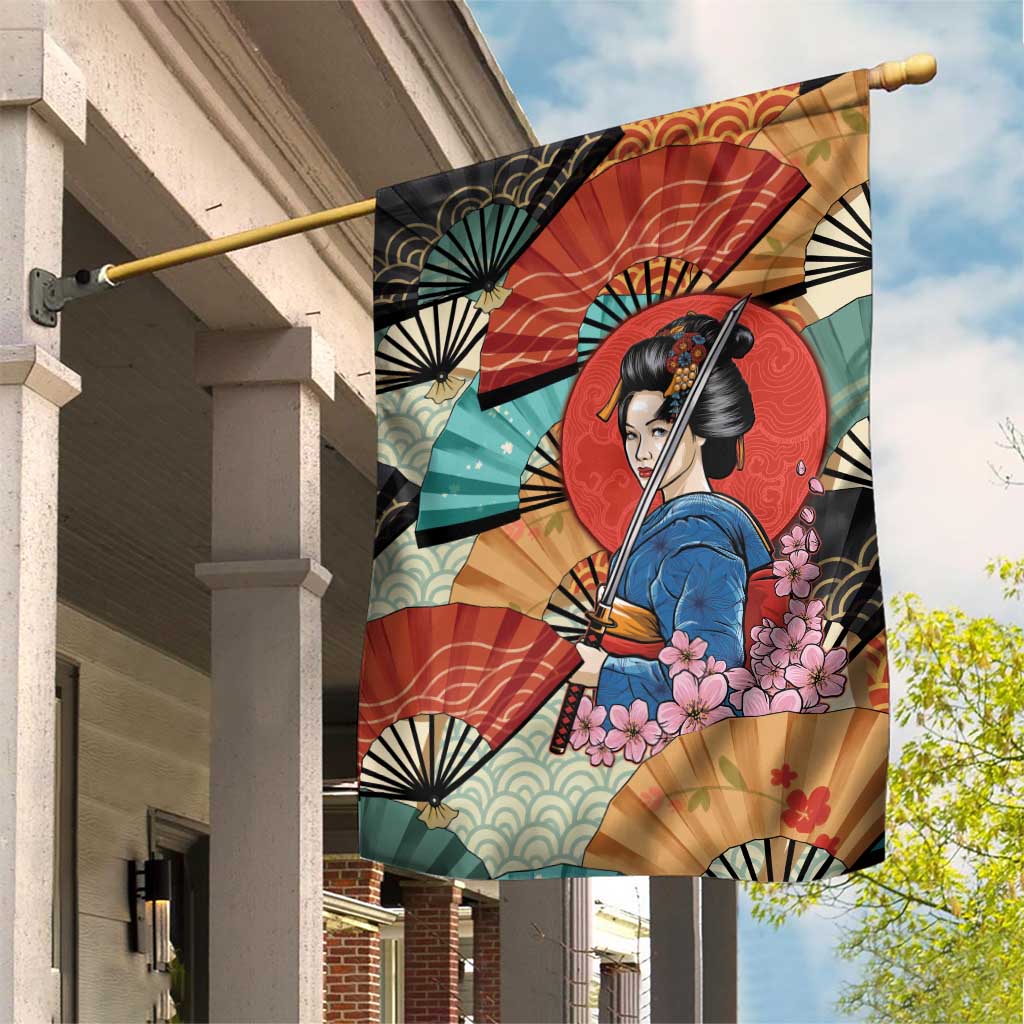 Japanese Geisha Katana Garden Flag Japan Sensu Seigaiha Pattern - Wonder Print Shop