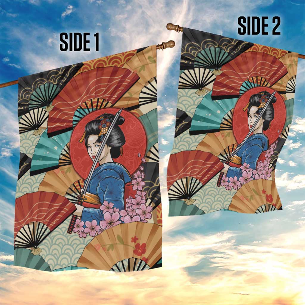 Japanese Geisha Katana Garden Flag Japan Sensu Seigaiha Pattern - Wonder Print Shop