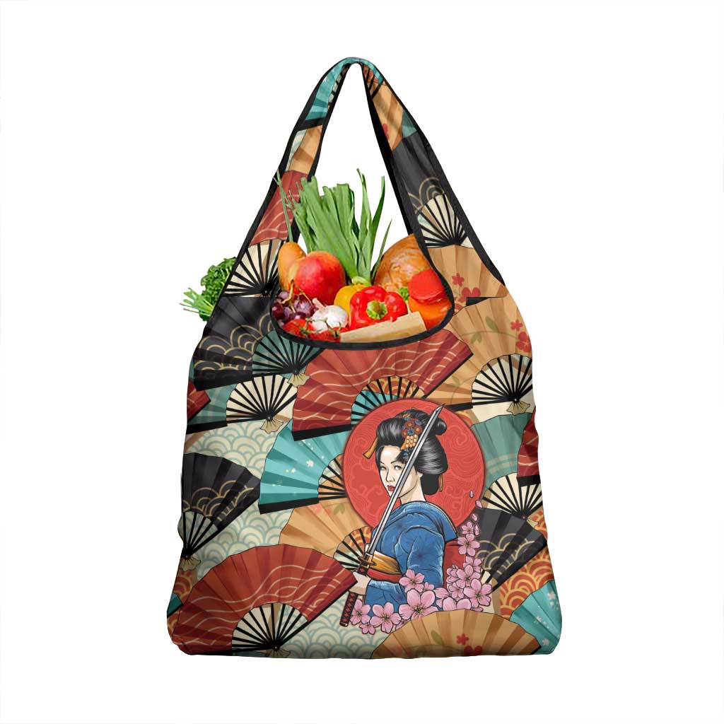 Japanese Geisha Katana Grocery Bag Japan Sensu Seigaiha Pattern - Wonder Print Shop