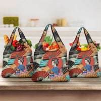 Japanese Geisha Katana Grocery Bag Japan Sensu Seigaiha Pattern - Wonder Print Shop