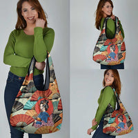 Japanese Geisha Katana Grocery Bag Japan Sensu Seigaiha Pattern - Wonder Print Shop