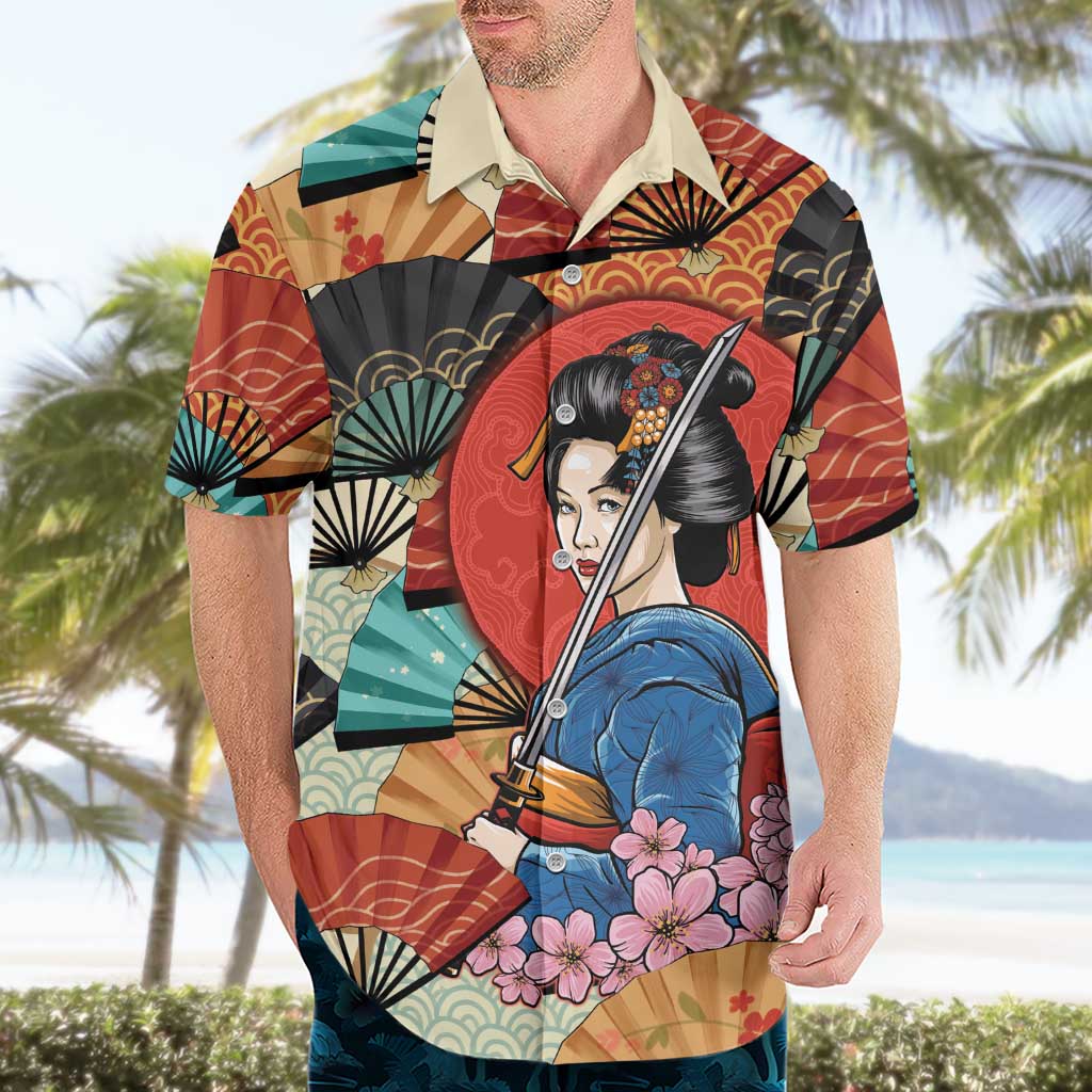 Japanese Geisha Katana Hawaiian Shirt Japan Sensu Seigaiha Pattern - Wonder Print Shop