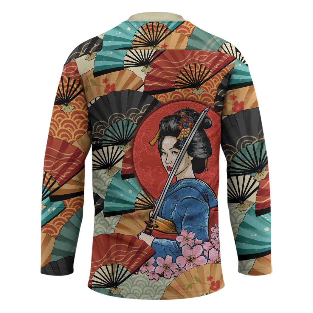Japanese Geisha Katana Hockey Jersey Japan Sensu Seigaiha Pattern - Wonder Print Shop