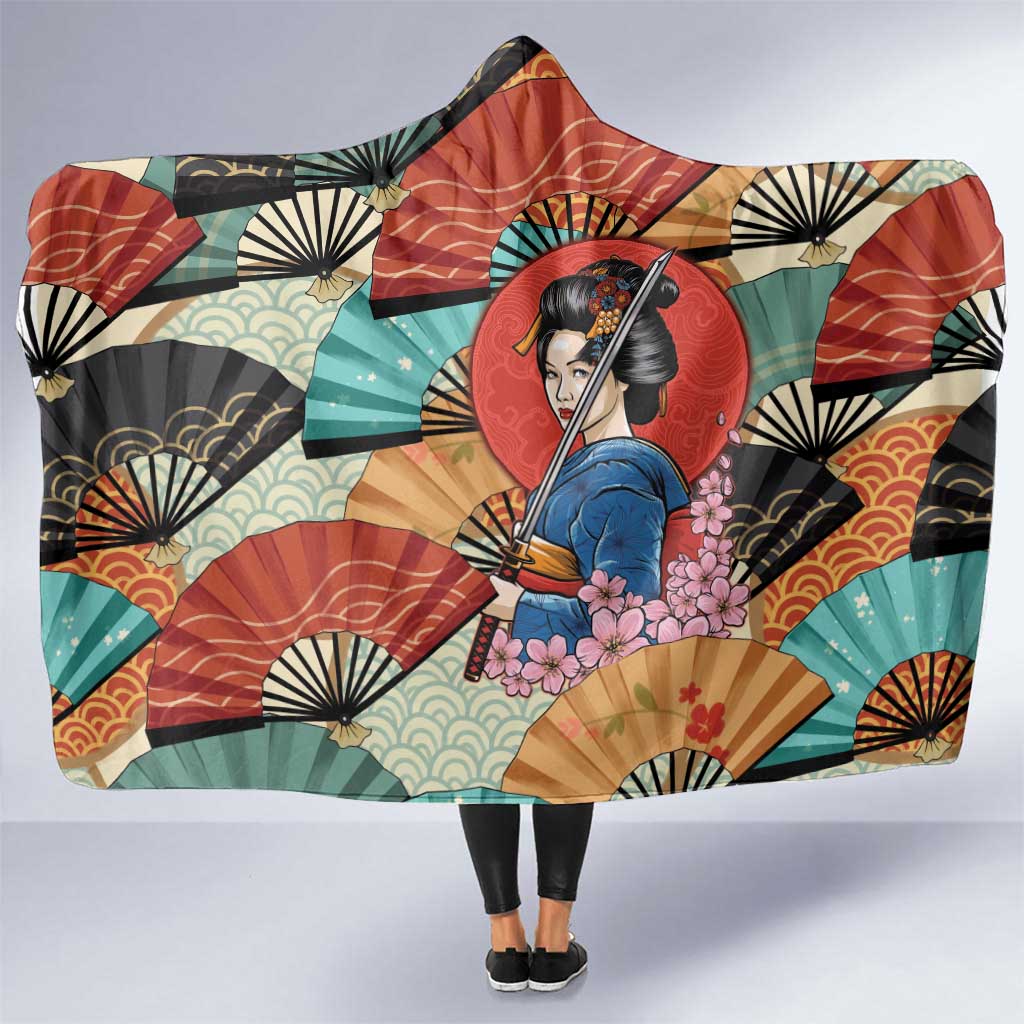 Japanese Geisha Katana Hooded Blanket Japan Sensu Seigaiha Pattern - Wonder Print Shop