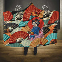 Japanese Geisha Katana Hooded Blanket Japan Sensu Seigaiha Pattern - Wonder Print Shop