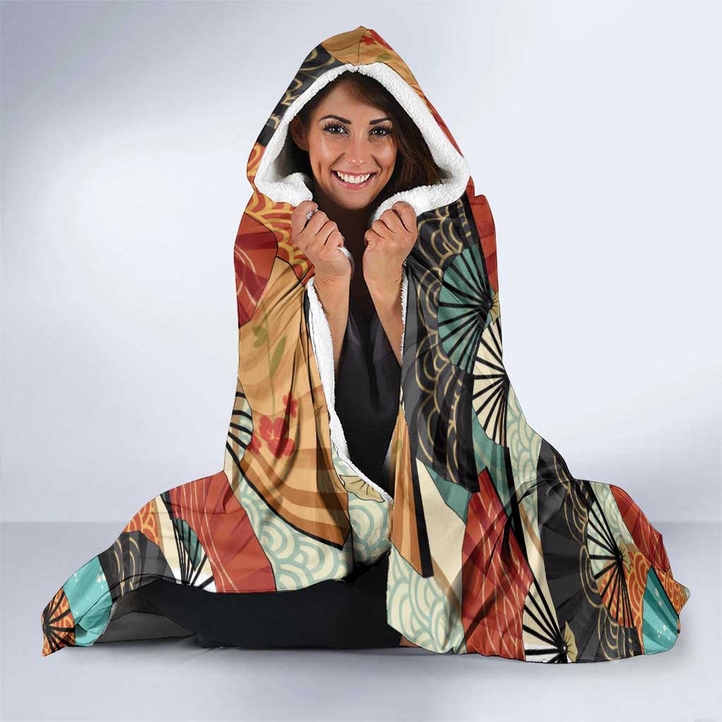 Japanese Geisha Katana Hooded Blanket Japan Sensu Seigaiha Pattern - Wonder Print Shop