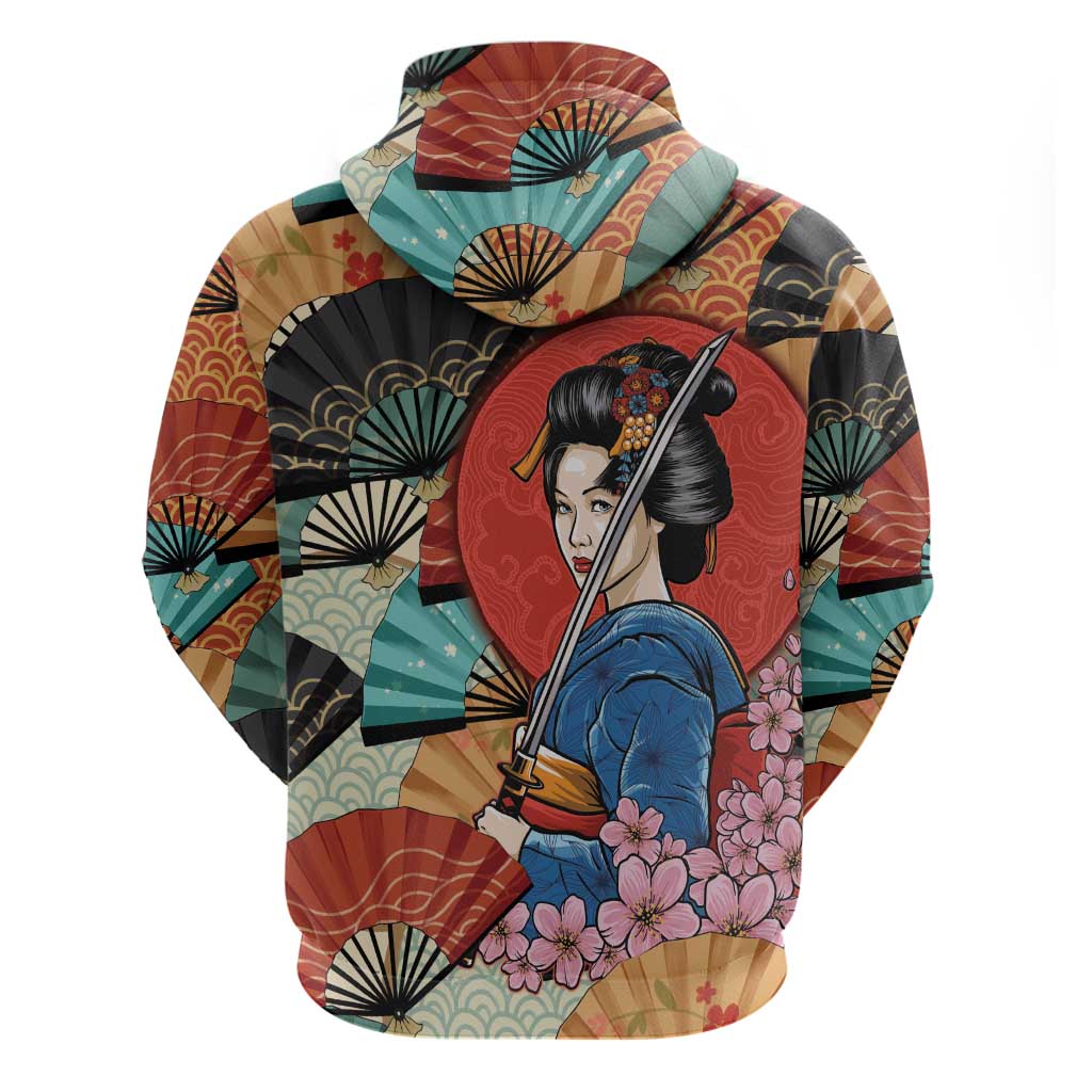 Japanese Geisha Katana Hoodie Japan Sensu Seigaiha Pattern - Wonder Print Shop