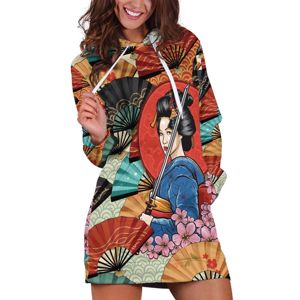 Japanese Geisha Katana Hoodie Dress Japan Sensu Seigaiha Pattern - Wonder Print Shop