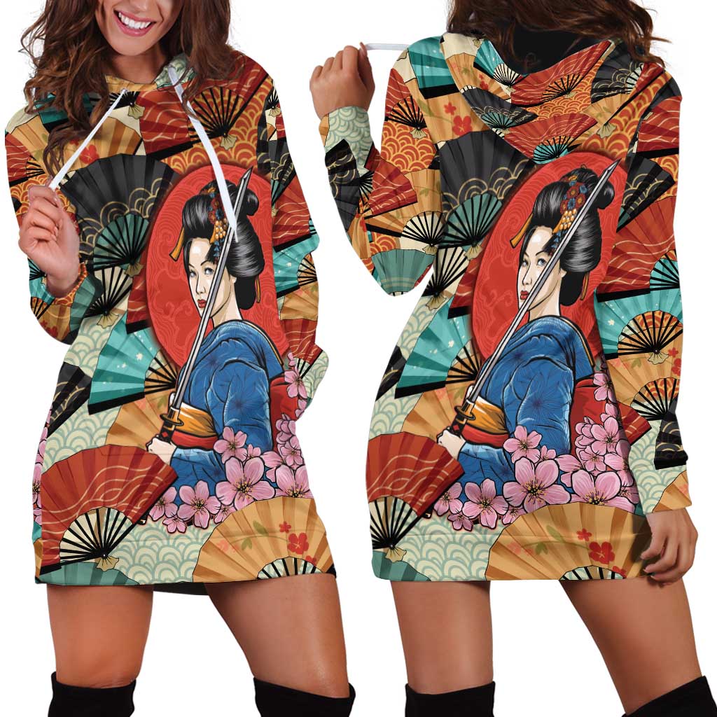 Japanese Geisha Katana Hoodie Dress Japan Sensu Seigaiha Pattern - Wonder Print Shop