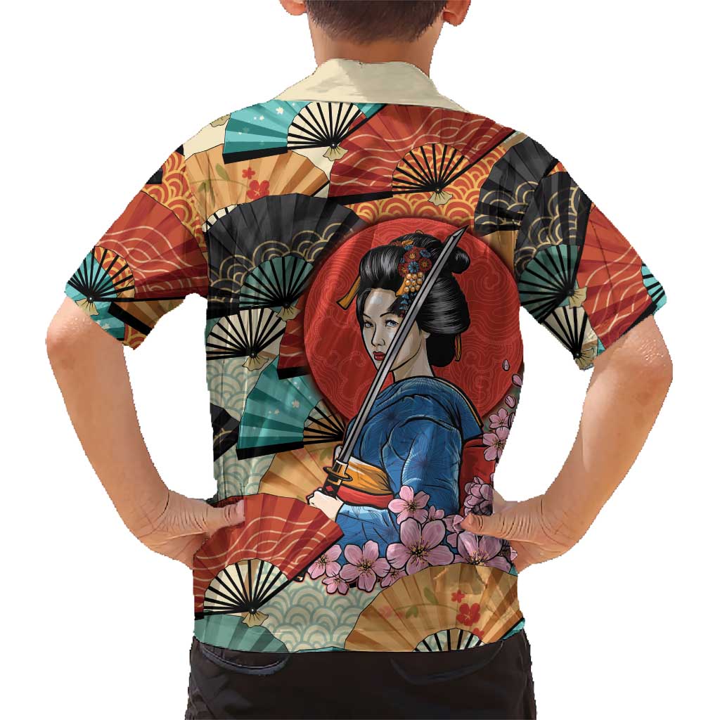 Japanese Geisha Katana Kid Hawaiian Shirt Japan Sensu Seigaiha Pattern - undefined