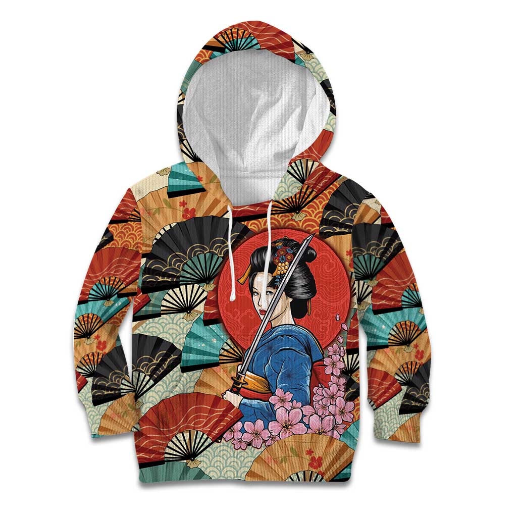 Japanese Geisha Katana Kid Hoodie Japan Sensu Seigaiha Pattern - Wonder Print Shop