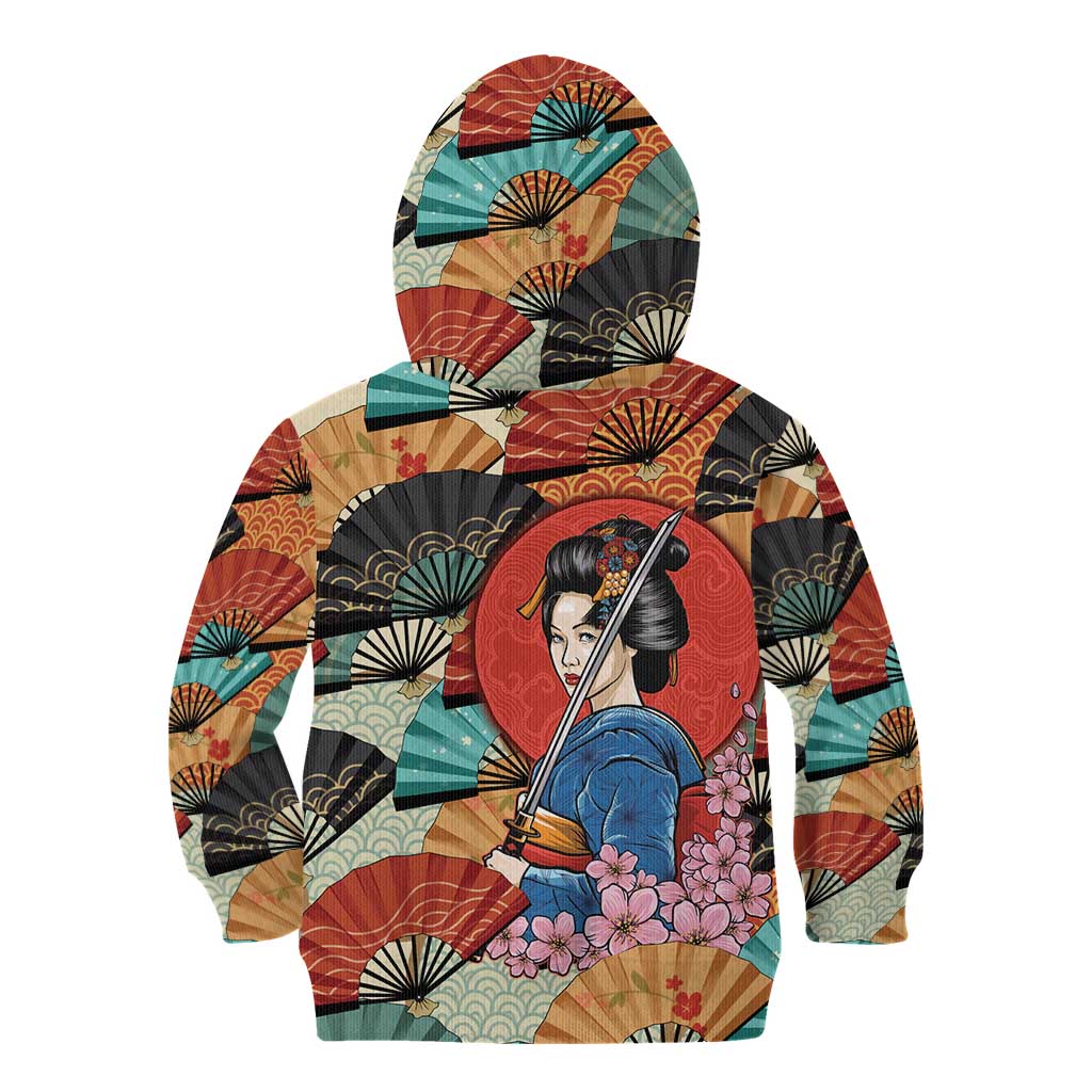 Japanese Geisha Katana Kid Hoodie Japan Sensu Seigaiha Pattern - Wonder Print Shop