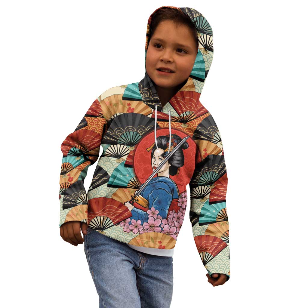 Japanese Geisha Katana Kid Hoodie Japan Sensu Seigaiha Pattern - Wonder Print Shop