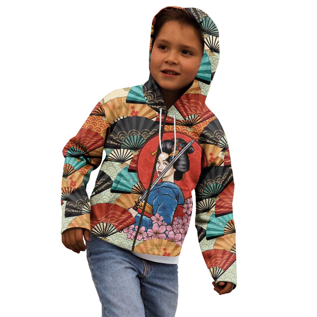 Japanese Geisha Katana Kid Hoodie Japan Sensu Seigaiha Pattern - Wonder Print Shop