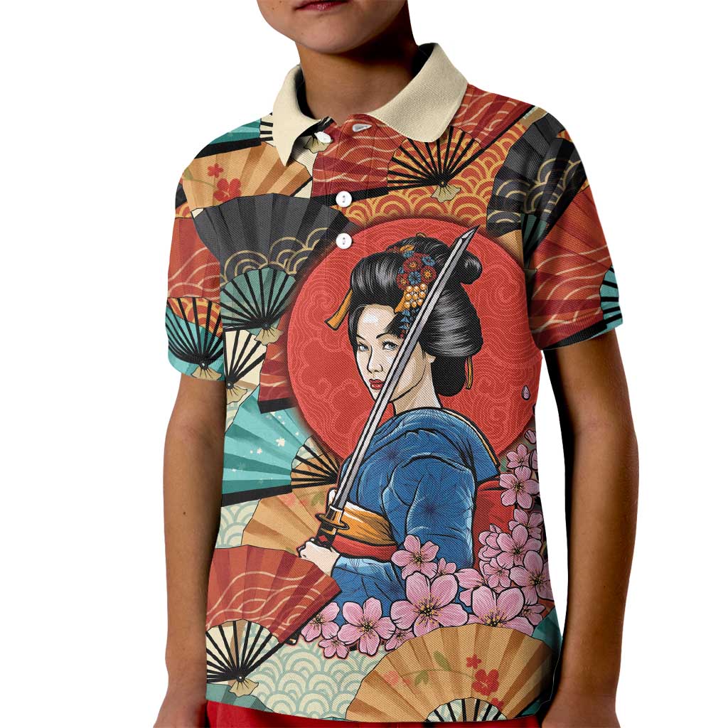 Japanese Geisha Katana Kid Polo Shirt Japan Sensu Seigaiha Pattern - Wonder Print Shop