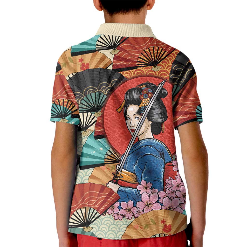 Japanese Geisha Katana Kid Polo Shirt Japan Sensu Seigaiha Pattern - Wonder Print Shop